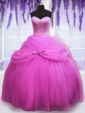  Lilac Sleeveless Floor Length Beading and Sequins and Bowknot Lace Up Quinceanera Gown