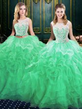 Custom Design Scoop Lace and Ruffles Quinceanera Gowns Green Lace Up Sleeveless Court Train