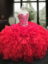 Fantastic Sweetheart Sleeveless Organza Quince Ball Gowns Embroidery and Ruffles Lace Up