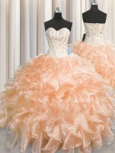 Dramatic Visible Boning Zipper Up Peach Ball Gowns Organza Sweetheart Sleeveless Beading and Ruffles Floor Length Zipper Quinceanera Gown