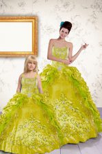  Yellow Quinceanera Dress Military Ball and Sweet 16 and Quinceanera with Beading and Embroidery and Pick Ups Sweetheart Sleeveless Lace Up