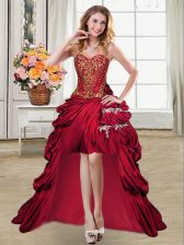  Wine Red Taffeta Lace Up Sweetheart Sleeveless High Low Prom Dress Beading and Appliques and Pick Ups