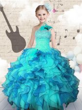  One Shoulder Sleeveless Organza Floor Length Lace Up Little Girls Pageant Dress Wholesale in Aqua Blue with Beading and Ruffles