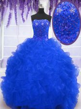 Simple Royal Blue Organza Lace Up Quinceanera Gown Sleeveless With Brush Train Beading and Ruffles