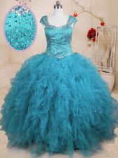 Modest Tulle Square Cap Sleeves Lace Up Beading and Ruffles Sweet 16 Dresses in Baby Blue