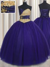 Elegant Royal Blue Sleeveless Floor Length Beading and Appliques Lace Up Sweet 16 Dresses