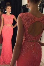  Mermaid Lace Watermelon Red Sleeveless With Train Beading and Appliques Backless Dress for Prom