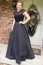 Amazing Black A-line Satin Scoop Cap Sleeves Beading Floor Length Backless Dress for Prom