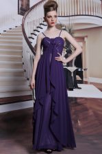  Floor Length Purple Prom Gown Chiffon Sleeveless Beading