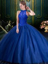  Ball Gowns Quince Ball Gowns Blue High-neck Tulle Sleeveless Floor Length Lace Up