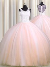Glorious See Through Back Zipple Up Baby Pink and Peach Ball Gowns V-neck Sleeveless Tulle Brush Train Zipper Beading and Appliques Quince Ball Gowns