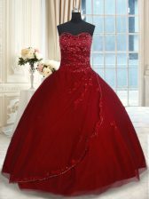 Custom Design Wine Red Ball Gowns Beading and Appliques Quinceanera Dress Lace Up Tulle Sleeveless Floor Length