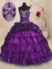 Glorious Purple Ball Gowns Beading and Appliques and Ruffled Layers and Pick Ups Quinceanera Dress Lace Up Organza and Taffeta Sleeveless With Train