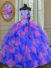 Graceful Multi-color Ball Gowns Organza Sweetheart Sleeveless Beading and Appliques and Ruffles and Sashes ribbons and Hand Made Flower Floor Length Lace Up Quince Ball Gowns