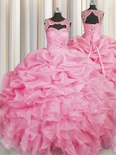  Rose Pink Ball Gown Prom Dress Military Ball and Sweet 16 and Quinceanera with Beading and Pick Ups Scoop Sleeveless Lace Up