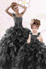  Ball Gowns Ball Gown Prom Dress Black One Shoulder Organza Sleeveless Floor Length Lace Up