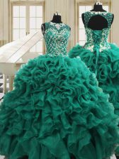  Scoop Teal Sleeveless Floor Length Beading and Ruffles Lace Up 15th Birthday Dress