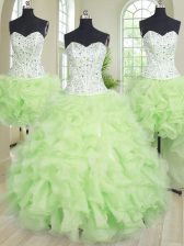  Four Piece Yellow Green Ball Gown Prom Dress Military Ball and Sweet 16 and Quinceanera with Beading and Ruffles Sweetheart Sleeveless Lace Up