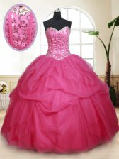 Gorgeous Floor Length Hot Pink Quince Ball Gowns Tulle Sleeveless Beading and Ruffles and Sequins