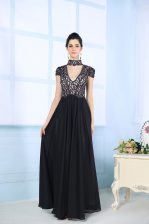  Short Sleeves Chiffon Floor Length Zipper in Black with Beading and Lace