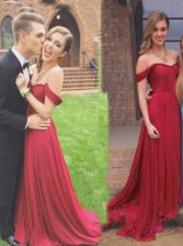 Dazzling Off the Shoulder Sleeveless Floor Length Ruching Zipper Prom Dresses with Burgundy