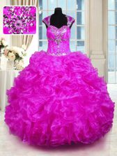 Beautiful Beading and Ruffles Sweet 16 Dress Fuchsia Lace Up Cap Sleeves Floor Length