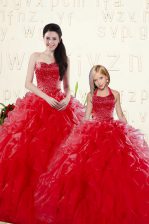 Designer Coral Red Organza Lace Up Sweetheart Sleeveless Floor Length Sweet 16 Dresses Beading and Ruffles