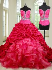 Smart Pick Ups See Through Coral Red Sleeveless Organza and Taffeta Chapel Train Lace Up Quince Ball Gowns for Military Ball and Sweet 16 and Quinceanera