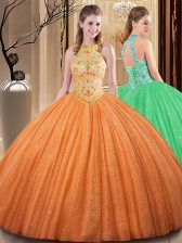  Sleeveless Tulle Floor Length Backless Quinceanera Dresses in Orange with Embroidery and Hand Made Flower