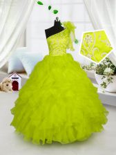  One Shoulder Yellow Green Sleeveless Embroidery and Ruffles Floor Length Child Pageant Dress