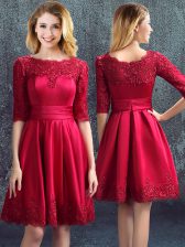  Wine Red Zipper Bateau Lace Court Dresses for Sweet 16 Satin Half Sleeves