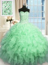  Apple Green Ball Gowns Sweetheart Sleeveless Organza Floor Length Lace Up Beading and Ruffles and Sequins Sweet 16 Quinceanera Dress