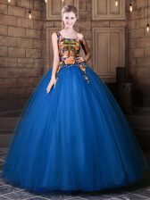 Custom Made Blue Ball Gowns Tulle One Shoulder Sleeveless Pattern Floor Length Lace Up Sweet 16 Dress