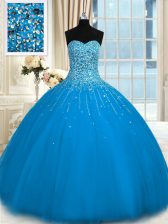  Tulle Sweetheart Sleeveless Lace Up Beading and Ruffles Quinceanera Dress in Teal