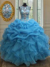  Scoop See Through Baby Blue Sleeveless Beading and Ruffles and Pick Ups Floor Length 15 Quinceanera Dress