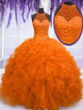 Gorgeous Orange Red Quinceanera Gown Military Ball and Sweet 16 and Quinceanera with Beading and Ruffles High-neck Sleeveless Lace Up