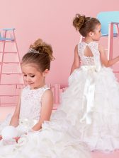  Scoop Sleeveless Floor Length Lace and Ruffles and Belt Lace Up Toddler Flower Girl Dress with White
