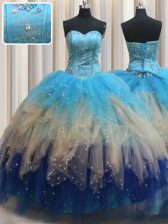  Multi-color Ball Gowns Sweetheart Sleeveless Tulle Floor Length Lace Up Beading and Ruffles Vestidos de Quinceanera