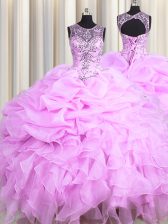 Latest Scoop See Through Lilac Sleeveless Floor Length Beading and Ruffles and Pick Ups Lace Up Sweet 16 Dresses
