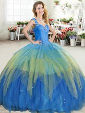  Ruffled Floor Length Multi-color Quince Ball Gowns Straps Sleeveless Zipper
