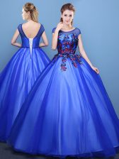 Royal Blue Scoop Lace Up Appliques Quinceanera Gown Cap Sleeves