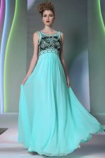 Most Popular Scoop Aqua Blue Sleeveless Floor Length Beading Side Zipper Dress for Prom