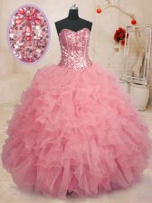Admirable Baby Pink Sleeveless Beading and Ruffles Floor Length Quinceanera Gown