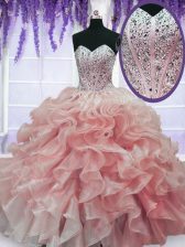  Watermelon Red Lace Up Ball Gown Prom Dress Beading and Ruffles Sleeveless Floor Length