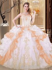 Deluxe Ruffled Strapless Sleeveless Lace Up Sweet 16 Dress White and Yellow Organza