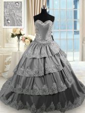  With Train Lace Up Sweet 16 Dress Grey for Military Ball and Sweet 16 and Quinceanera with Beading and Appliques and Ruffled Layers Court Train