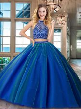  Two Piece HalterHalter Top Royal Blue Quinceanera Gown Halter Top Sleeveless Brush Train Backless