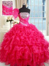 Shining Floor Length Hot Pink Quinceanera Gown Organza Sleeveless Sequins