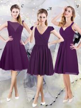 Charming Cap Sleeves Knee Length Zipper Dama Dress for Quinceanera Purple for Prom and Party with Ruching