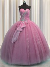  Floor Length Rose Pink 15 Quinceanera Dress Tulle Sleeveless Beading and Sequins and Bowknot